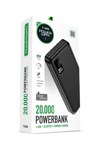 Powerway 20.000 Mah Kablolu Dijital Göstergeli 20.000 Mah Garantili Dahili Stand TX209 Siyah Powerbank