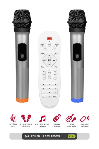 Powerway Şarjlı Çift Mikrofonlu Hoparlör Karaoke Sistemi Taşınabilir Amfi MT70 Bluetooth Hoparlör - 3