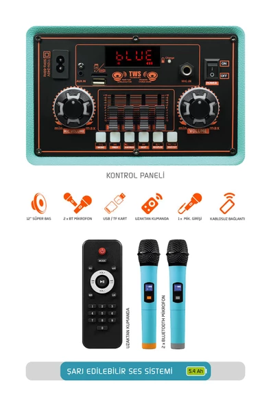 Powerway Şarjlı Çift Mikrofonlu Ses Sistemi Karaoke Sistemi Taşınabilir Amfi MTX7 Bluetooth Hoparlör - 2