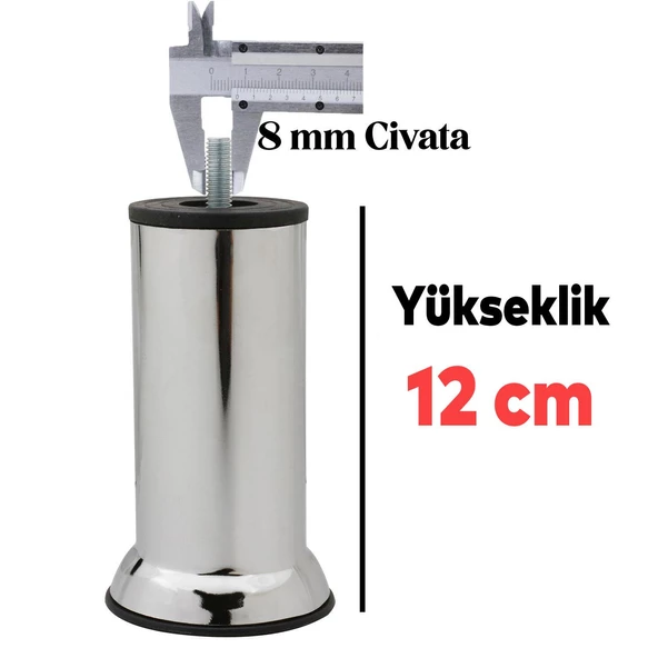 16'lı Set Krom 12cm Metal Mobilya Kanepe Koltuk Baza Yatak Çekyat Yükseltme Ayağı Ayakları M8 Civata - 8