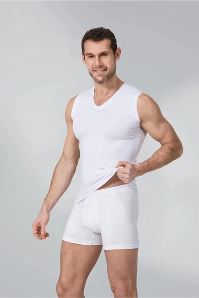 Namaldi Erkek Premier V Yaka Kolsuz Body Likralı Fanila Atlet 188 - 6 Adet  Beyaz XL