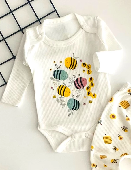 Neşeli Bebekler Arı Baskılı Raporlu Kumaş İkili Takım - Resim 2