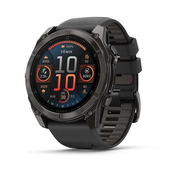 Garmin Fenix 8 - 47 mm Solar Sapphire Karbon Gri DLC Titanyum Siyah/Gri Silikon Kayışlı