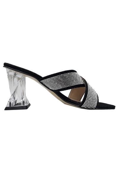 Yıldız 0527 Şeffaf Topuklu Simli Taşlı Kadın Terlik - Resim 3