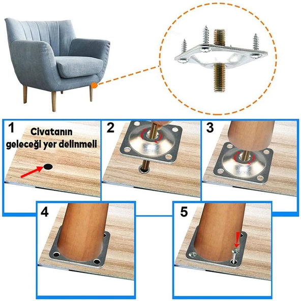 Metal Mobilya 4'lü Set Ayakları M8 Civata Krom 12 Cm Kanepe Koltuk Baza Yatak Çekyat Yükseltme Ayak - 4