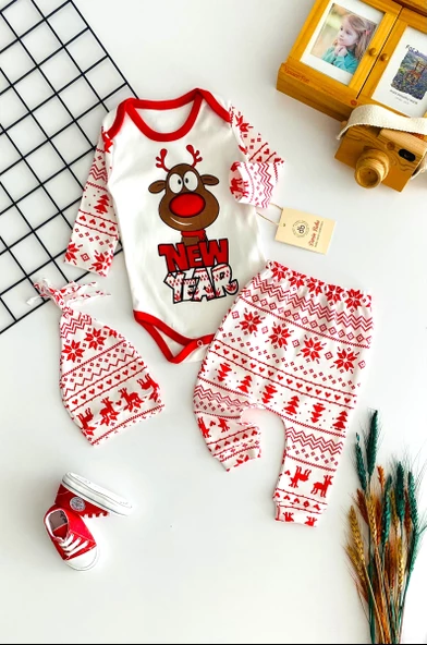 Neşeli Bebekler Baby Ayıcık Baskılı Yılbaşı Temalı Bereli Takım ürün görseli