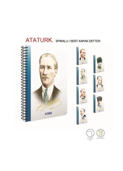 Atatürk Spiralli Sert Kapak 17x24 100 Yaprak Kareli Defter (2651) Gıpta