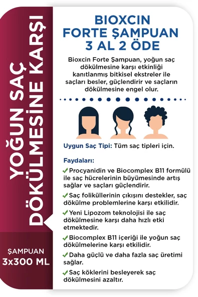 Bioxcin Forte Şampuan Tüm Saç Tipleri Için 3x300ml Yoğun Saç Dökülmesi Şampuanı - 3