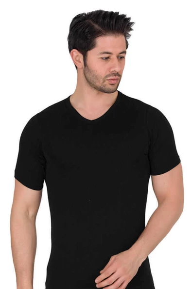 Berrak Erkek Likralı Süprem Kısa Kol V Yaka 6'Lı Paket -1027  XL Siyah - 1
