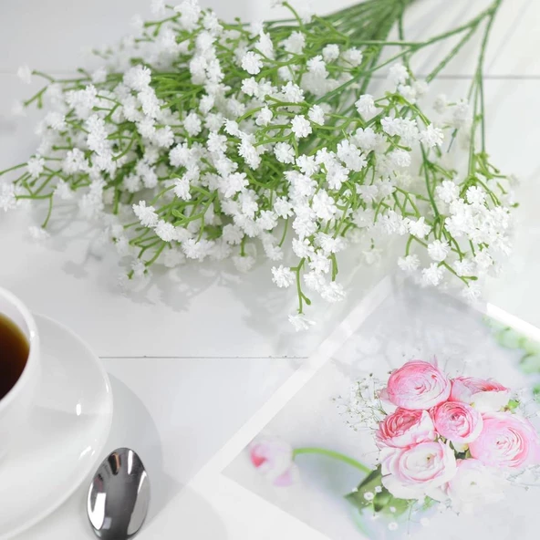 Nettenevime 3lü Set Uzun Dal Yapay Çiçek Plastik Beyaz Cipso 4Dallı 63cm - Resim 4