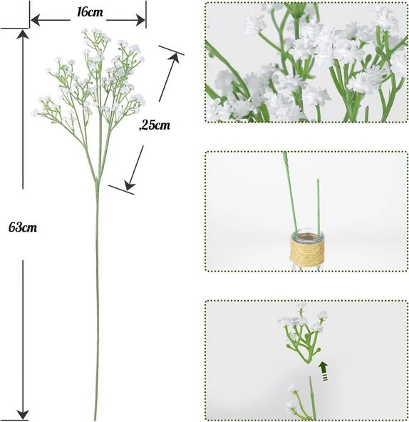 Nettenevime 3lü Set Uzun Dal Yapay Çiçek Plastik Beyaz Cipso 4Dallı 63cm - Resim 5