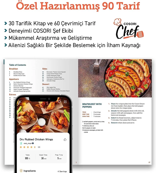 Cosori Sıcak Hava Fritözü ikili Isıtma Sistemi, 6.4 Lt Siyah (Teşhir&Outlet) - 6