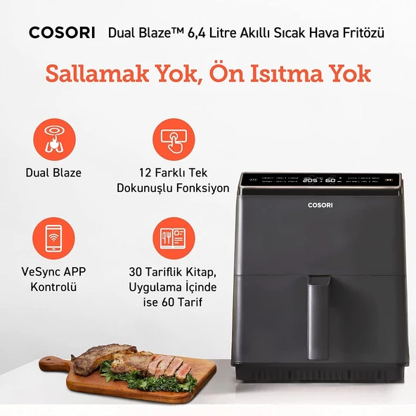 Cosori Sıcak Hava Fritözü ikili Isıtma Sistemi, 6.4 Lt Siyah (Teşhir&Outlet) - 2