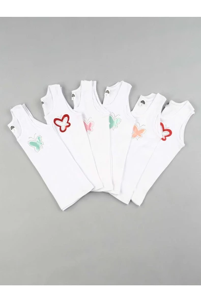 Gümüş Kız Çocuk Geniş Askı Taşlı Atlet 3056 - 6 Adet Beyaz 4 (7-8 YAŞ)