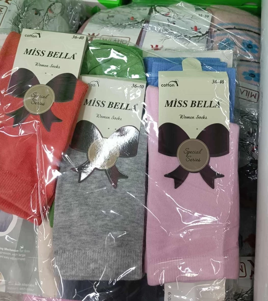 Miss Bella Kadın Pamuklu Soket Düz Açık Pastel Çorap 02 - 6 Adet  Karışık Renk 36 - 40 - 5