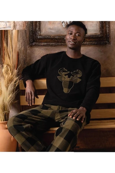 Sude Erkek Kışlık Polar Pijama Takımı A100/8 - 1 Adet  XL Siyah ürün görseli 1