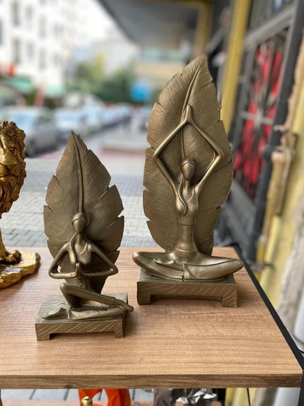Dekratif Yapraklı Yoga Yapan Kadın Heykeli 2 li - 2