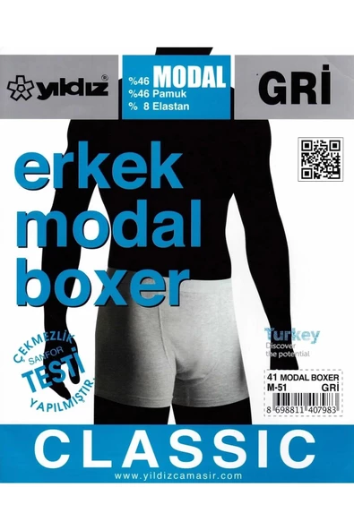 Yıldız Erkek Modal Likralı Boxer 37/42 - 9 Adet  M Gri - 3