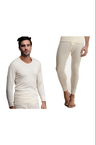 Hasyün Erkek %100 Yün Uzun Kollu Fanila Tayt İçlik Set 1002 - 1001- 1 Set  M Ekru - Resim 3