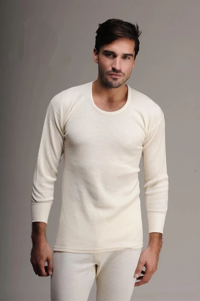 Hasyün Erkek %100 Yün Uzun Kollu Fanila Tayt İçlik Set 1002 - 1001- 1 Set  XL Ekru - 7