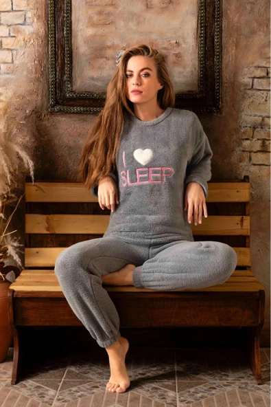 Charme Kadın Kışlık Peluş Pijama Takımı K-200-494 - 1 Adet  L Antrasit