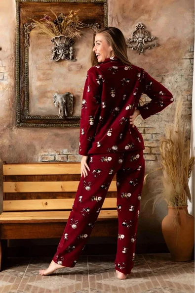 Sude Kadın Gömlek Önden Düğmeli Polar Desenli Pijama Takımı P200/173 - 1 Adet  M Bordo - 4