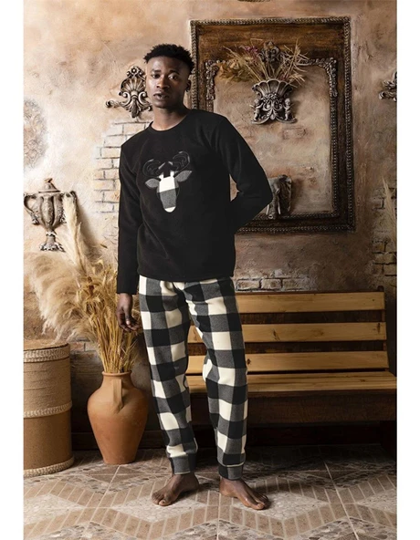 Sude Erkek Kışlık Polar Pijama Takımı K100/13 - 1 Adet  Siyah M - Resim 2