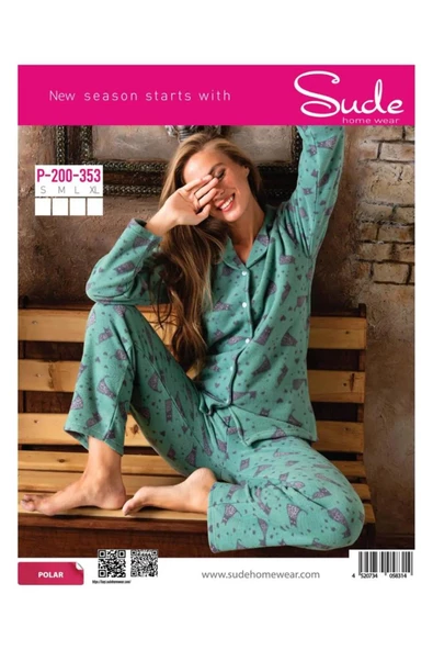Sude Kadın Gömlek Önden Düğmeli Polar Desenli Pijama Takımı P200/353 - 1 Adet  Yeşil S - 2