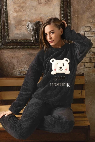 Charme Kadın Kışlık Peluş Pijama Takımı K-200-472 - 1 Adet  Siyah L - 4