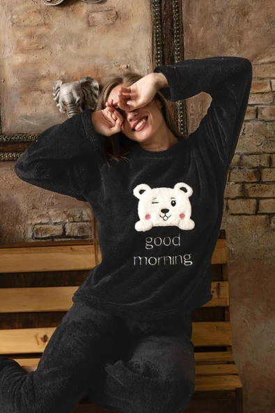 Charme Kadın Kışlık Peluş Pijama Takımı K-200-472 - 1 Adet  Siyah XL