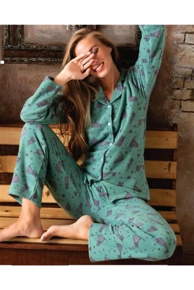 Sude Kadın Gömlek Önden Düğmeli Polar Desenli Pijama Takımı P200/353 - 1 Adet  L Yeşil