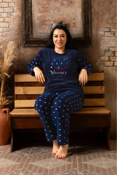 Sude Kadın Büyük Beden  Kışlık Welsoft Pijama Takımı K200/585 - 1 Adet  Lacivert 5XL