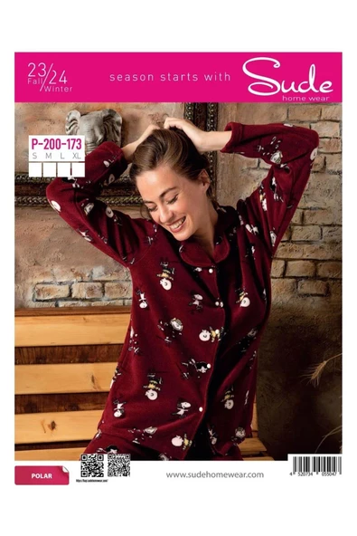 Sude Kadın Gömlek Önden Düğmeli Polar Desenli Pijama Takımı P200/173 - 1 Adet  Bordo S