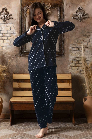 Sude Kadın Gömlek Önden Düğmeli Polar Desenli Pijama Takımı P200/124 - 1 Adet  Lacivert S - 2