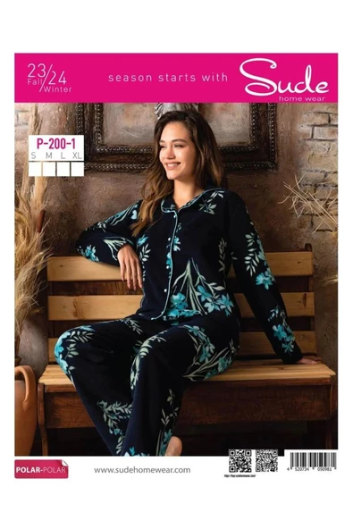 Sude Kadın Gömlek Önden Düğmeli Polar Desenli Pijama Takımı P200/1- 1 Adet  M Lacivert