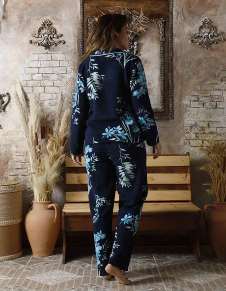 Sude Kadın Gömlek Önden Düğmeli Polar Desenli Pijama Takımı P200/1- 1 Adet L Lacivert - 4