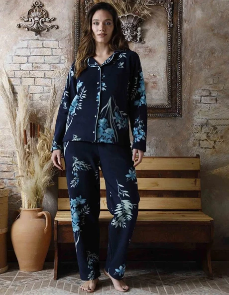 Sude Kadın Gömlek Önden Düğmeli Polar Desenli Pijama Takımı P200/1- 1 Adet L Lacivert - 3