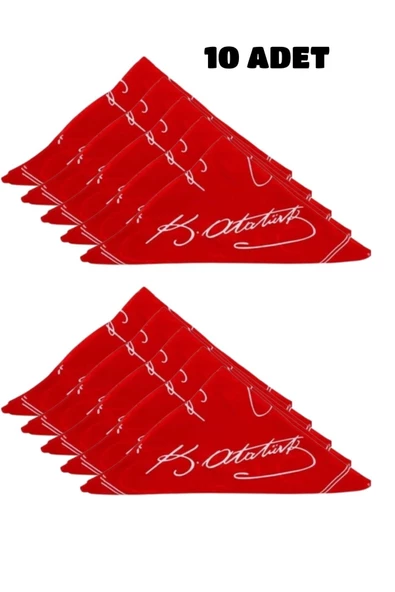 10 ADET  Atatürk İmzalı Çok Amaçlı Bandana Fular Kırmızı Renk 50x50 (Okul, Etkinlik, Tören, Gösteri)