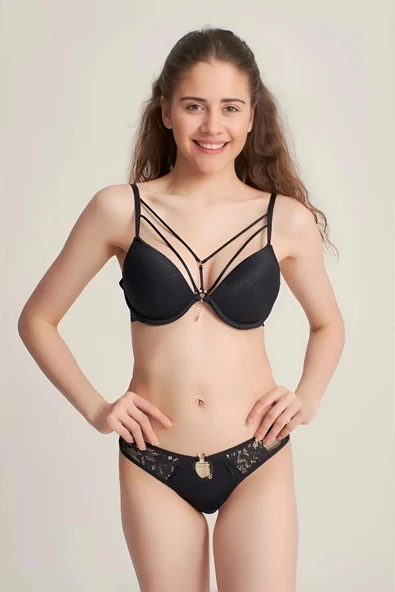 Le Jardin Kadın Silikonlu Simli Sütyen Külot Takımı 5020 - 1 Adet  Siyah 80B ürün görseli 1