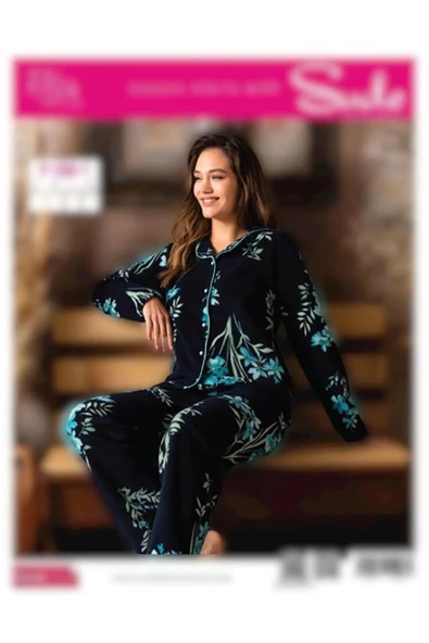 Sude Kadın Gömlek Önden Düğmeli Polar Desenli Pijama Takımı P200/1- 1 Adet  L Lacivert - 2