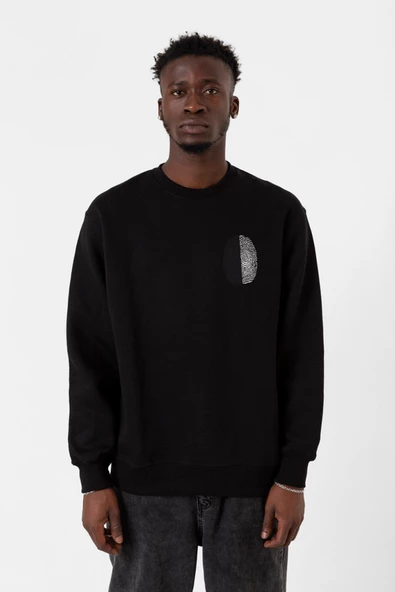 Siyah Beyaz Parmak İzi Siyah Erkek 2ip Sweatshirt