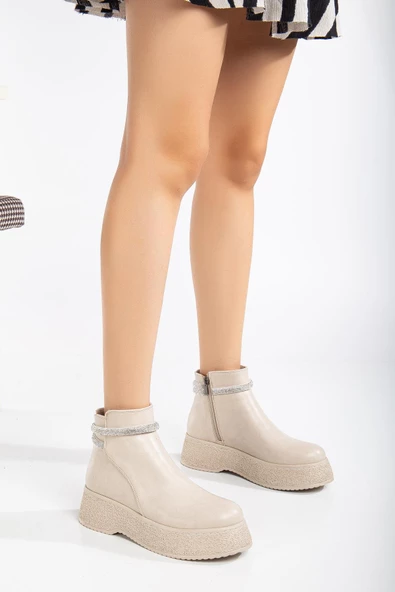 Kadın Bot Bej Kalın Taban Suni Deri Taşlı Bağsız Yüzüdüz - Resim 2