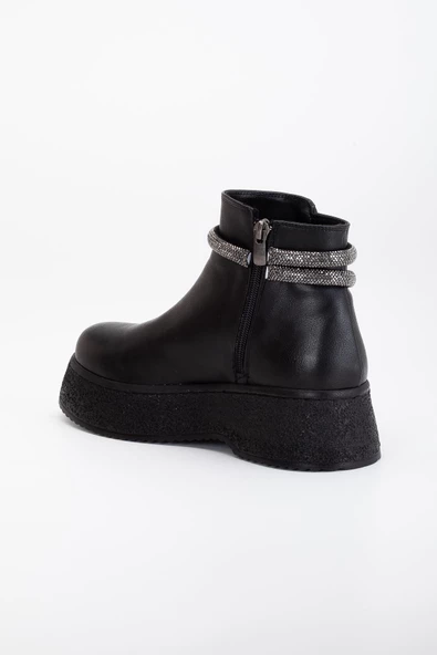 Kadın Bot Siyah Kalın Taban Suni Deri Taşlı Bağsız Yüzüdüz - Resim 5