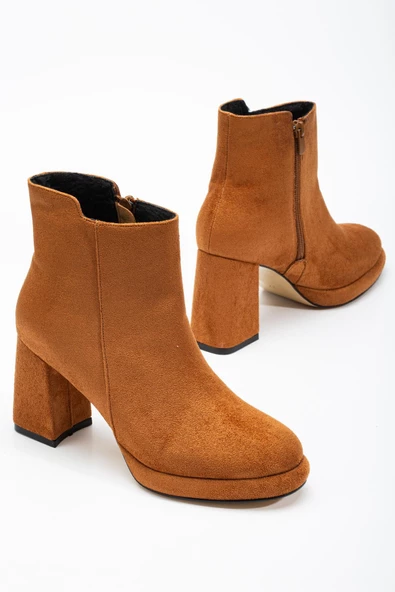 Kadın Platform Topuklu Bot Taba Süet Yüzüdüz Fermuarlı - Resim 2