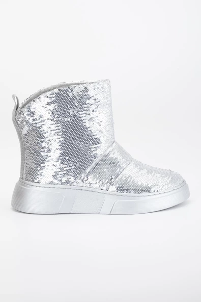 Kadın Bot Düz Taban Gümüş Pullu Bağsız Parlak - Resim 3