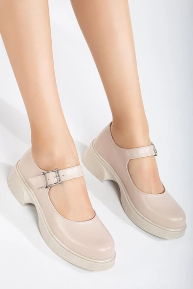 Kadın Günlük Ayakkabısı Bej Kalın Bantlı Tokalı - Resim 2