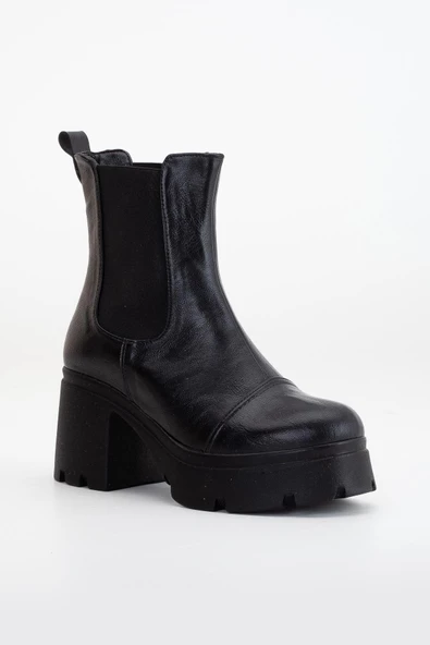 Topuklu Bot Kadın Platform Siyah Parçalı Elastik Kalın Taban - Resim 4