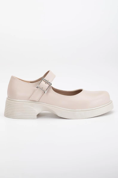 Kadın Günlük Ayakkabısı Bej Kalın Bantlı Tokalı - Resim 3