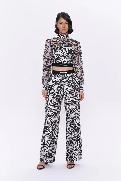 Beli Lastikli Zebra Desenli Pantolon Siyah - 2