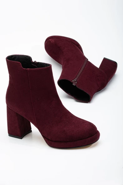 Kadın Platform Topuklu Bot Bordo Süet Yüzüdüz Fermuarlı - Resim 2